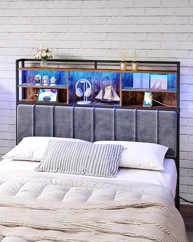 Headboard with 3-Tier Storage Shelves, Velvet Upholstered Head Board with 2 Outlets, USB Ports & LED Light, Soft Backrest for Queen Size Bed, Rustic Brown and Black BH15201BV1-Ruum Studio Home
