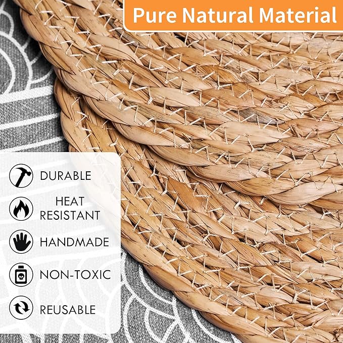 Defined Deco Woven Placemats Set of 6,13" Round Rattan Placemats,Natural Hand-Woven Water Hyacinth Placemats,Farmhouse Weave Place Mats,Rustic Braided Wicker Table Mats for Dining Table,Home,Wedding.-Ruum Studio Home
