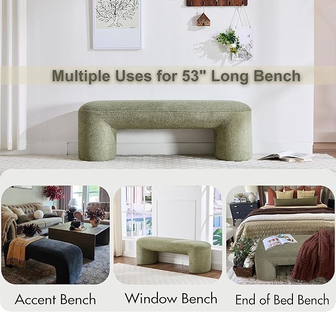 3-Piece 53" Comfy Upholstered Dining Bench with 2 Ottomans, Accent Waterfall Bench Modern End of Bed Entryway Bench Vanity Stool, Green Chenille-Ruum Studio Home