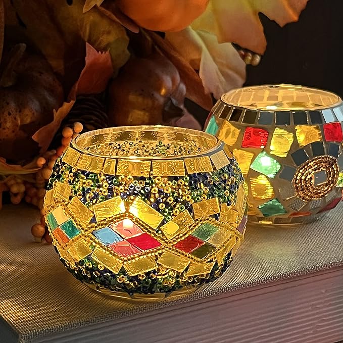 SHMILMH Glass Candle Holder Set of 4, Diwali Gift Votive Candle Holders Handmade Mosaic Glass Tealight Holders Diwali Christmas Table Decorations for Home-Ruum Studio Home