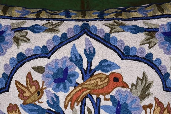 Blue Tree of Life Pillow Cover Blues Birds Floral Decorative Pillowcase Flower Outdoor Suzani Cushion Needlepoint Hand Embroidered Wool Size - 18x18-Ruum Studio Home