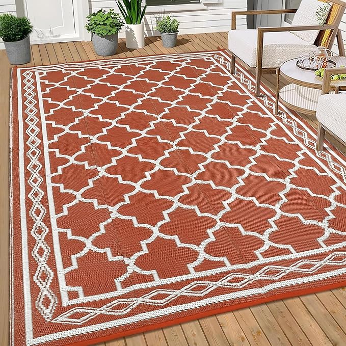 GAOMON Outdoor Plastic Straw Rug, 10'x14' Reversible Sage Green Patio Mat, Flower Modern Design for RV, Backyard, Deck, Camping, Picnic, Orange/White(Geometric)-Ruum Studio Home