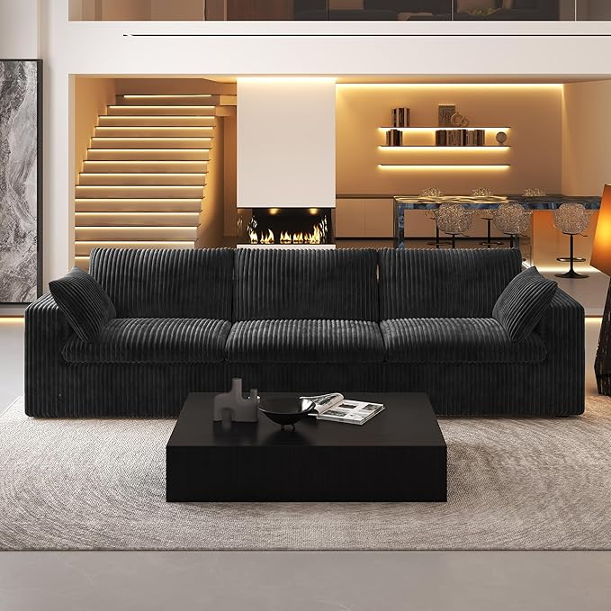 118" 3-Seater Cloud Sofa,Modular Sectional Couch,Modern Deep Seat Upholstered Couches with Plush Corduroy Fabric for Living Room Furniture,Bedroom and Apartment,No Assembly Required,Black-Ruum Studio Home