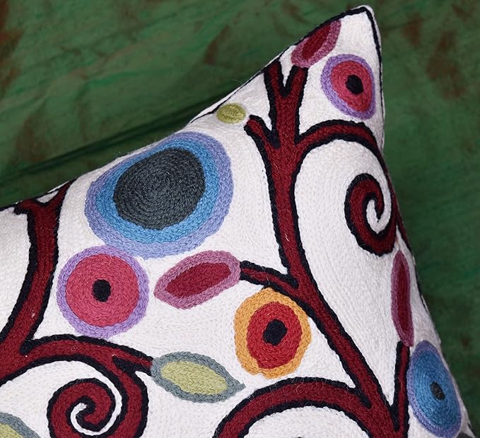 Cream Tree of Life Pillow Cover Birds White Floral Pillowcase Flower Accent Botanical Pillowsham Suzani Cushions Modern Plant Floral Cushion Hand Embroidered Wool Size 18x18-Ruum Studio Home