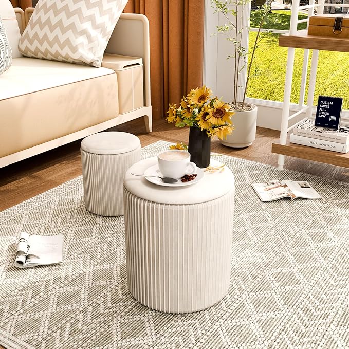Ottoman with Storage Set of 2, Velvet Storage Ottoman, Upholstered Sponge Vanity Stool Support 300lbs, Multifunctional Coffee Table Foot Rest Ottomans for Living Room Bedroom, Beige-Ruum Studio Home