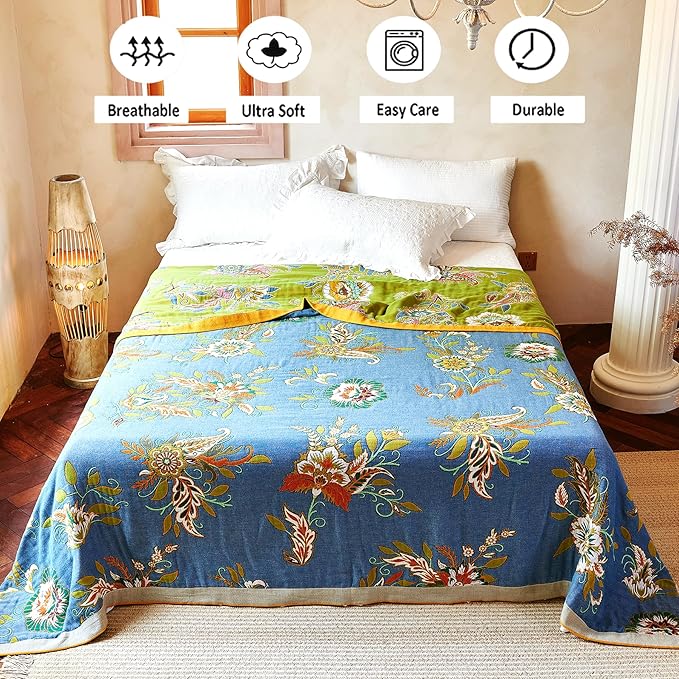 Boho Throw Blanket 80" x 90", 100% Organic Cotton Breathable Ultra Soft Bed Quilt Throw - All Season Luxury Floral Farmhouse Decor Blanket for Sofa Couch Chair and Gift. Green/Blue-Ruum Studio Home
