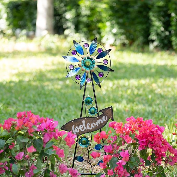 TERESA'S COLLECTIONS Peacock Garden Decor Solar Stake, Wind Spinner for Outdoor Decorations, Metal Windmill Blue Floral Yard Art Sign Decorative Garden Stake for Lawn Ornaments, Gifts for Mom, 26''-Ruum Studio Home