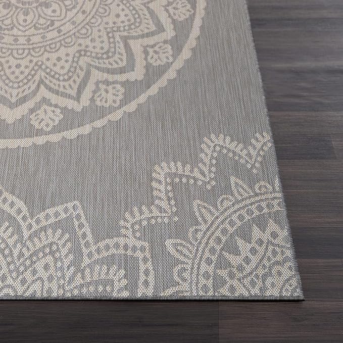 CAMILSON Outdoor Rug 9x12 Modern Area Rugs for Large Indoor and Outdoor Patios and Porches - Waterproof Washable Non-Shedding Easy-to-Clean Outside Carpet (9 x 12, Medallion - Grey/White)-Ruum Studio Home