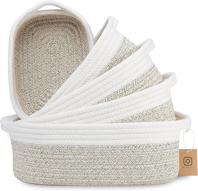 NaturalCozy 5-Piece Rectangle Storage Basket Set- Natural Cotton Rope Woven Baskets for Organizing! Small Basket for Montessori, Baby Nursery, Dog Toy Baskets, Cat Toy Box, Bathroom Organization Bin-Ruum Studio Home