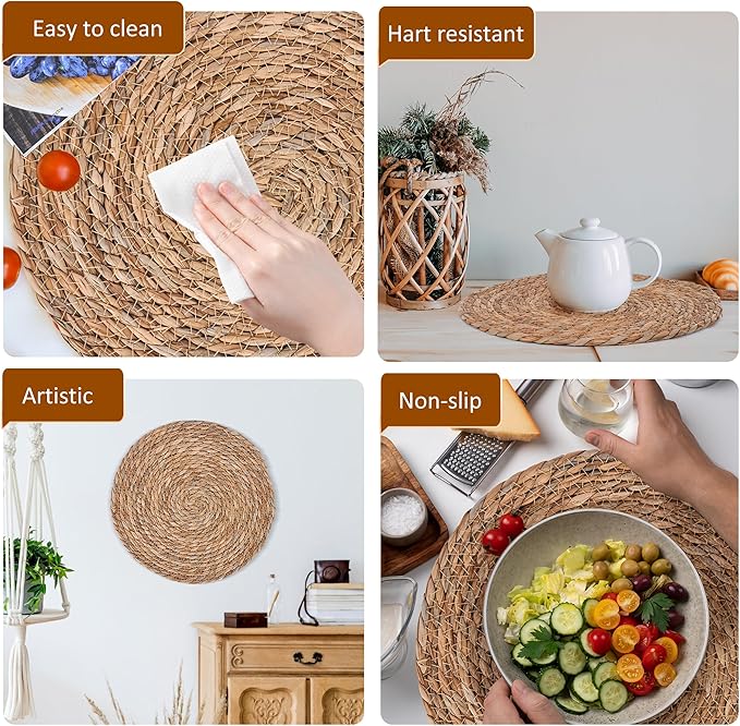 Defined Deco Woven Placemats Set of 10, 13" Round Rattan Placemats,Natural Hand-Woven Water Hyacinth, Farmhouse Weave Place Mats, Rustic Braided Wicker Table Mats for Dining Table, Home, Wedding-Ruum Studio Home