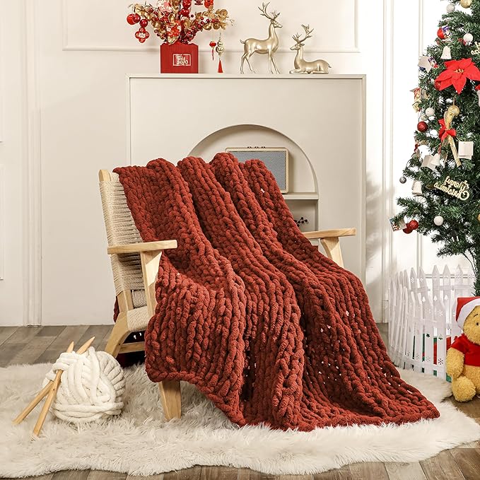 WESHIONGOO Chunky Knit Blanket Throw Knitted Throw Blankets for Couch Bed Fluffy Soft Blanket with Jumbo Chenille Yarn Thick 100% Handmade(Rust, 50"×60")-Ruum Studio Home