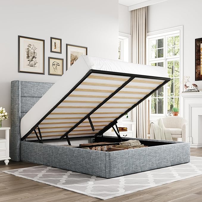 Allewie Queen Size Lift Up Storage Bed, Modern Wingback Headboard, Hydraulic Support, No Box Spring Needed, Grey Blue-Ruum Studio Home
