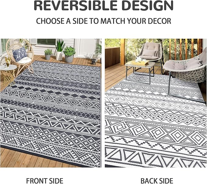 GAOMON Outdoor Rug Waterproof 8'x10', Reversible Outdoor Plastic Straw Rug, Boho Patio Rug, Indoor Outdoor Carpet, RV Mat Outside for Patio, Camp, Picnic, Balcony, Deck, Grey/White(Bohemia)-Ruum Studio Home
