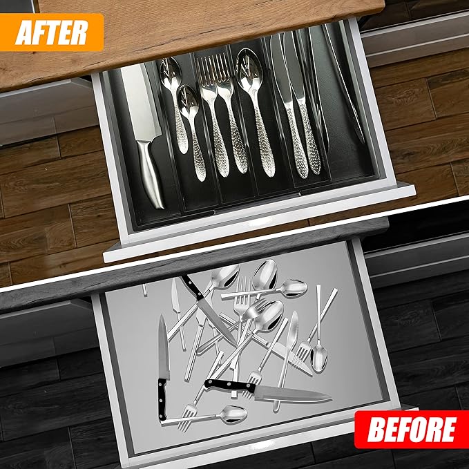Bellsal Black Silverware Organizer Kitchen Drawer Organizer Expandable Bamboo Utensil Holder Cutlery Tray for Kitchen Utensil and Flatware Bedroom Office-Ruum Studio Home