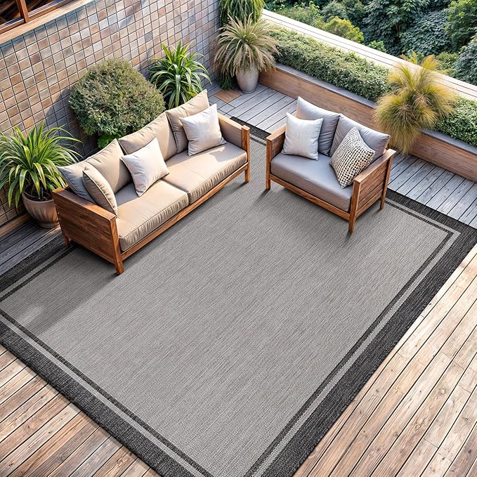 CAMILSON Indoor Outdoor Rug, 6x9 Bordered Gray Modern Area Rugs for Indoor and Outdoor Patios, Kitchen and Hallway Mats, Washable Porch Deck Outside Carpet (Bordered Grey, 6 x 9)-Ruum Studio Home