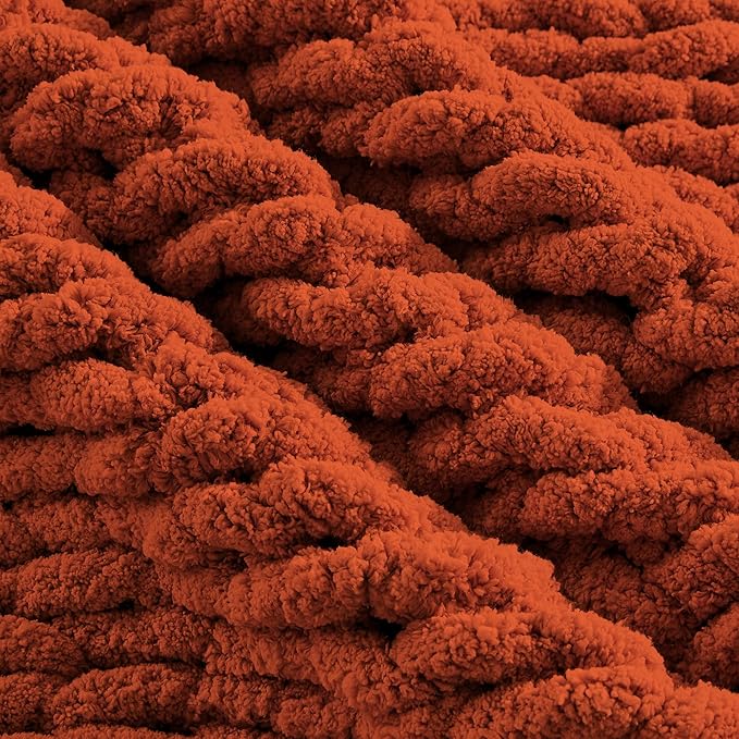Carriediosa Chunky Knit Throw Blanket 50" X 60", 100% Hand Made Large Chenille Loop Yarn Soft Fluffy Throws for Couch Sofa Bed, Big Crochet Cozy Heavy Thick Cable Woven Blankets, Rust-Ruum Studio Home