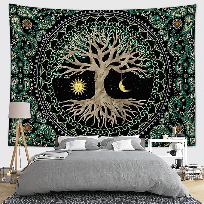 FORATER Tree of Life Tapestry Wall Hanging Aesthetic Sun and Moon Tapestry with Vintage Paisley Flowers Colorful Tree Wall Tapestries for Bedroom, Living Room, Dorm(61 x 82 inches, Multicolor)-Ruum Studio Home