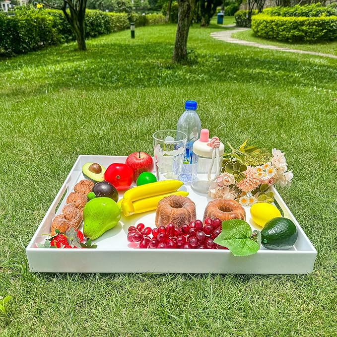 White Rectangular 16x20 Inches Acrylic Ottoman Tray Decorative Serving Tray with Cutout Handles Organizer Tray on Coffee Table Countertop Big Breakfast Bed Tray Living Room Appetizer Serving Food-Ruum Studio Home