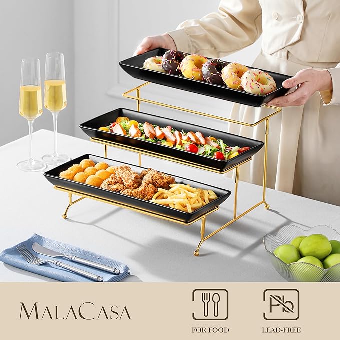 MALACASA 3 Tier Serving Trays for Party, 14 Inch Porcelain Black Trays for Serving Food, Dessert Stand with Collapsible Gold Metal Rack-Ruum Studio Home