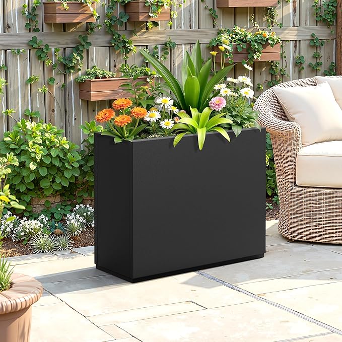 FENCY Metal Planter Box, Large Rectangular Planters for Outdoor Plants, Outdoor Tall Planters with Drainage Holes, Black Metal Planters (30" L x 12" W x 24" H)-Ruum Studio Home