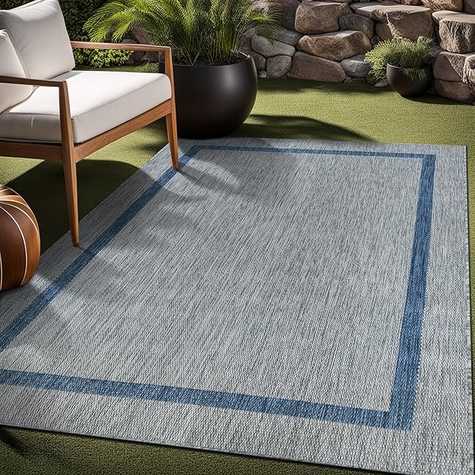 Bordered Outdoor Rug 9x12 Washable Outside Carpet for Indoor Patio Porch Waterproof Easy Cleaning Non Shedding Area Rugs Silver Gray - Blue 9 x 12-Ruum Studio Home