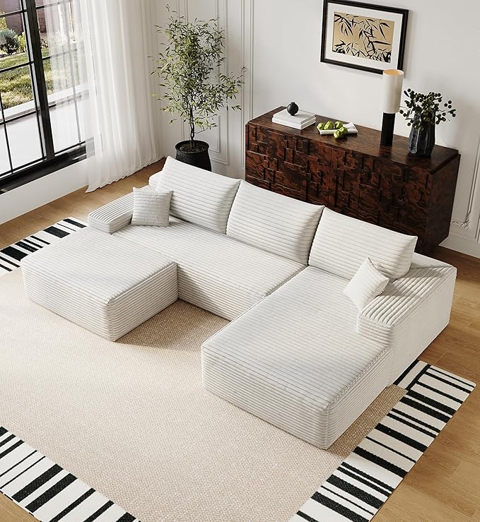 108" Sectional Couches for Living Room Modern Modular Sofa with L-Shape Couchs Upholstered Boneless Couch Deep Seat Sectional Couch with Chaise (White, Right Facing Chaise+2Seaters+1Ottoman)-Ruum Studio Home