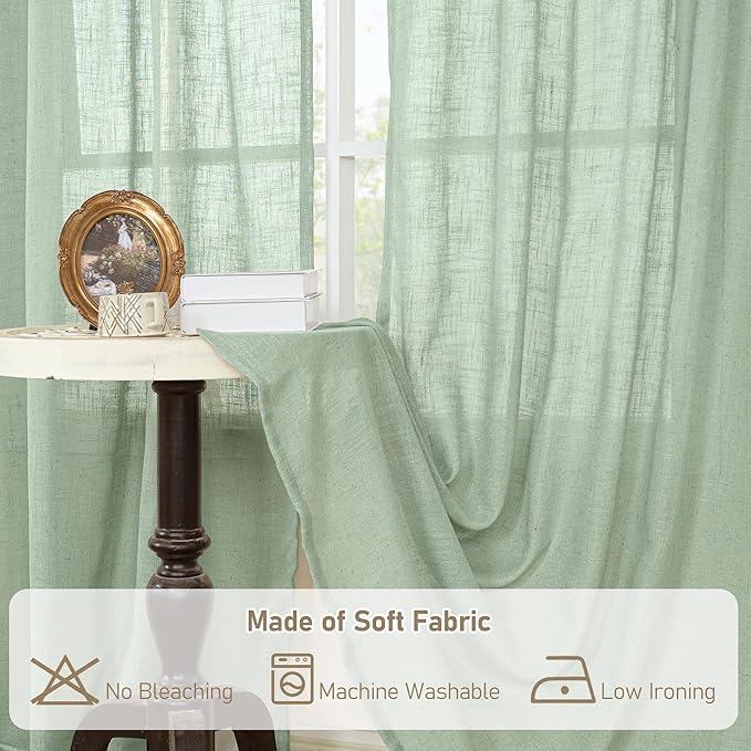 LAMIT Semi Sheer Linen Curtains 45 Inches Long, Light Filtering Panels Bronze Grommet Neutral Drapes for Kitchen/Window/Bedroom, Fresh Green, 2 Panels, 52 x 45 Inch-Ruum Studio Home