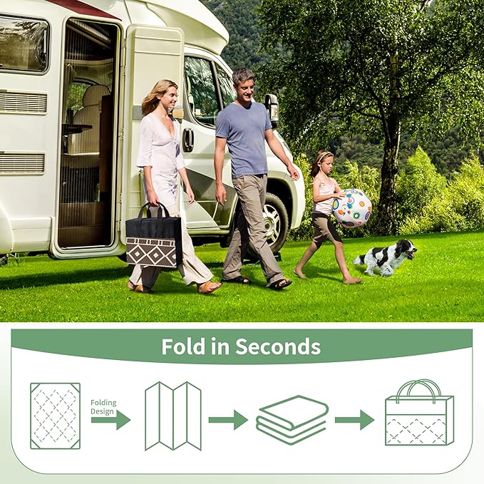 GENIMO Outdoor Rug Waterproof for Patio, 8'x10' Foldable Reversible Plastic Straw Carpet for Travel Trailers, Outside Area Mat for Rv, Deck, Picnic, Porch, Camper, Balcony, Beach, Coffee & Beige-Ruum Studio Home