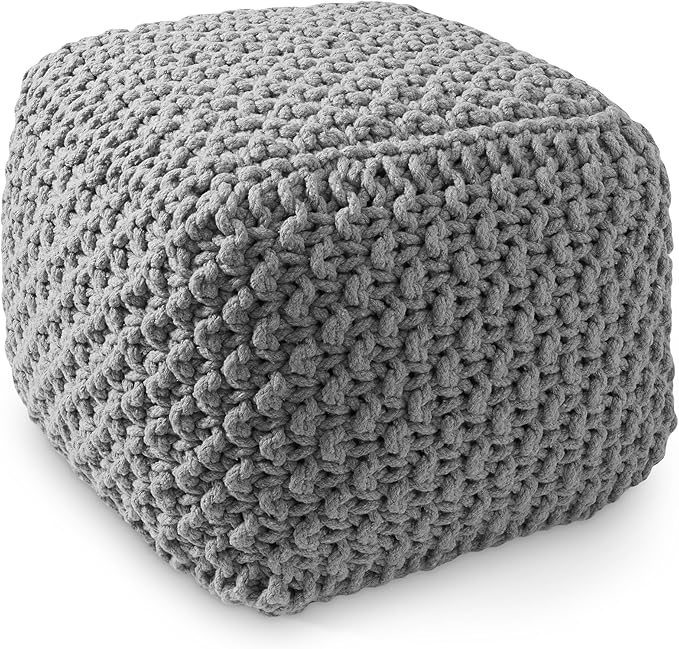 Casafield Square Pouf Ottoman, Light Gray 18.5" W x 18.5" D x 14.5" H Cotton Knit Foot Stool - Boho Floor Pouffe for Living Room, Bedroom, Home Office-Ruum Studio Home
