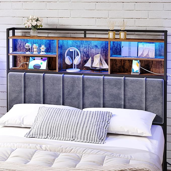 Headboard with 3-Tier Storage Shelves, Velvet Upholstered Head Board with 2 Outlets, USB Ports & LED Light, Soft Backrest for Queen Size Bed, Rustic Brown and Black BH15201BV1-Ruum Studio Home