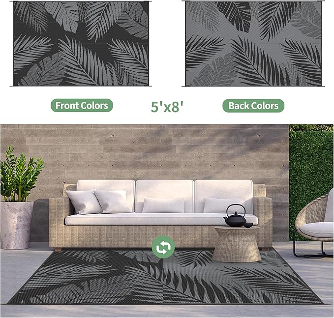GENIMO Outdoor Rug 5' x 8' Waterproof for Patios Clearance, Reversible Outdoor Plastic Straw Camping Rug Carpet, Large Area Rugs Mats for RV, Picnic, Backyard, Deck, Balcony, Porch, Beach, Black&Grey-Ruum Studio Home