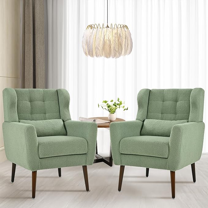 Accent Chair Set of 2, Upholstered Armchair with Pillow, Teddy Single Sofa Chair with Lounge Seat and Wood Legs for Living Room Small Spaces-Ruum Studio Home