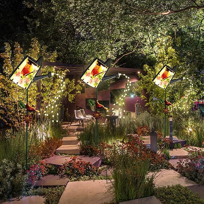 Garden Solar Lights Outdoor, Metal Watering Can Garden Stake Lights Cardinal Bird Decor Glass Art for Walkway, Pathway, Yard, Lawn-Ruum Studio Home