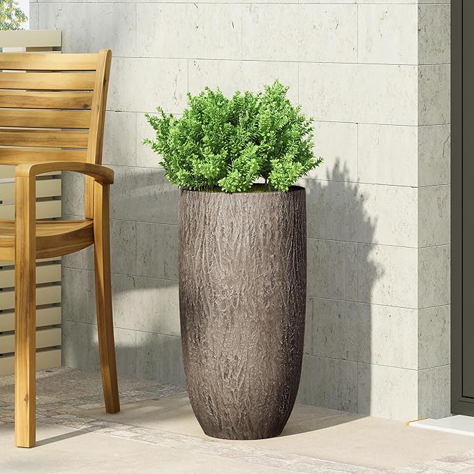 Christopher Knight Home Jorine Lightweight Concrete Planter, Cast Stone Plant Pot, Large Garden Urn, Patio Texture Finish Flower Pot for Balcony Backyard Poolside, No Assembly Needed, 27" H Brown-Ruum Studio Home