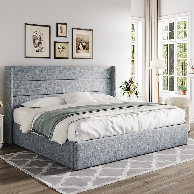 Allewie King Size Lift Up Storage Bed, Modern Wingback Headboard, Hydraulic Support, No Box Spring Needed, Grey Blue-Ruum Studio Home