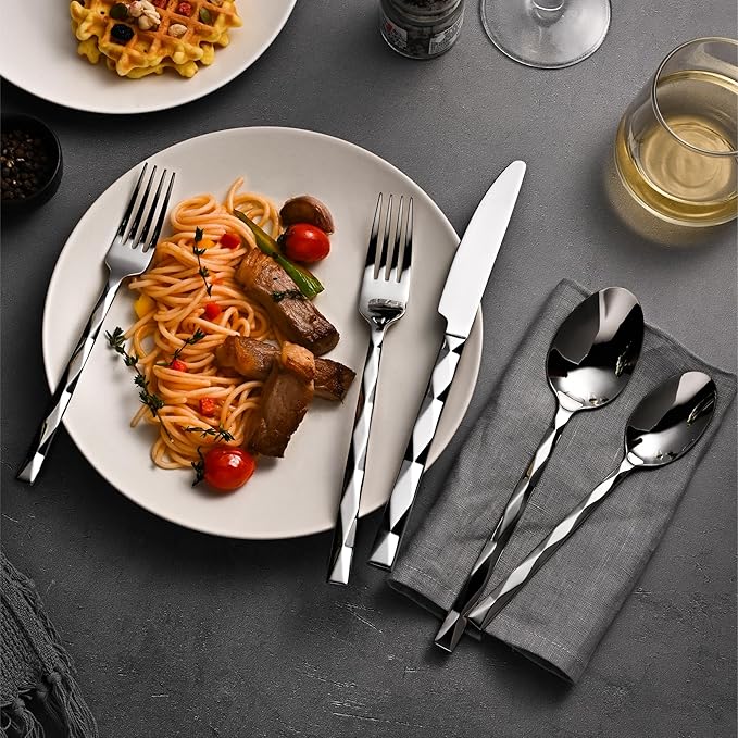 KINGSTONE Silverware Set, Luxury 20 Piece Flatware Set for 4, 18/10 Stainless Steel Cutlery Set with Diamond Cut Pattern for Kitchen, Home, Wedding, Party, Mirror Polished and Dishwasher Safe-Ruum Studio Home