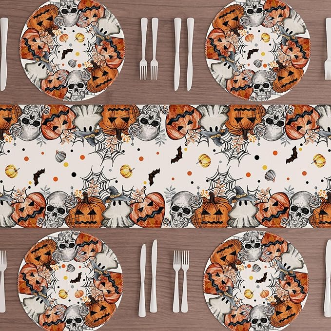 XCHI Spooky Skeleton Ghost Pumpkin Halloween Round Placemats Set of 4 Table Mats for Party Home Kitchen Dining Table Decorations 14x14 Inch-Ruum Studio Home