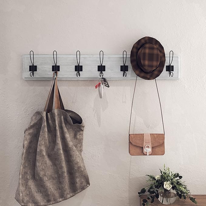 HBCY Creations Whitewash Solid Wood Wall Mounted Coat Rack with Shelf, 7 Hooks, 34" Long - Kitchen, Mudroom, Entryway, Bathroom - Includes Mounting Hardware, Coat Hanger, Dog Leash Hooks, Towel Rack-Ruum Studio Home