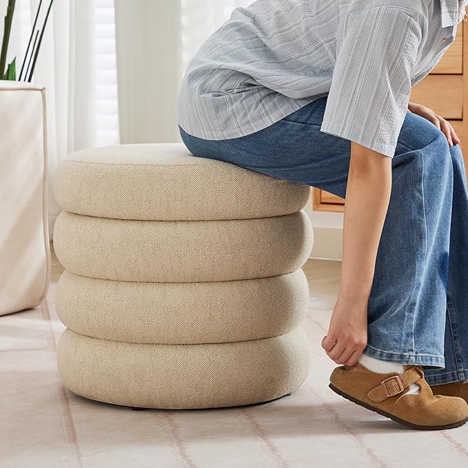 ONEVOG Round Storage Ottoman, 20" Small Ottomans Table with Removable Lid, Linen Fabric Soft Footrest Stools for Couch, Upholstered Stuffed Circle Seat for Living Room/Bedroom/Dorm/Vanity, Beige-Ruum Studio Home