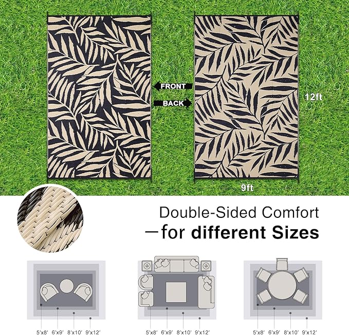OLANLY Waterproof Outdoor Rug 9x12 ft, Reversible Outdoor Plastic Straw Rug with Leaf Pattern, RV Mat, Indoor Outdoor Carpet for Patio, Camping, Balcony, Deck, Backyard, Black & Beige-Ruum Studio Home