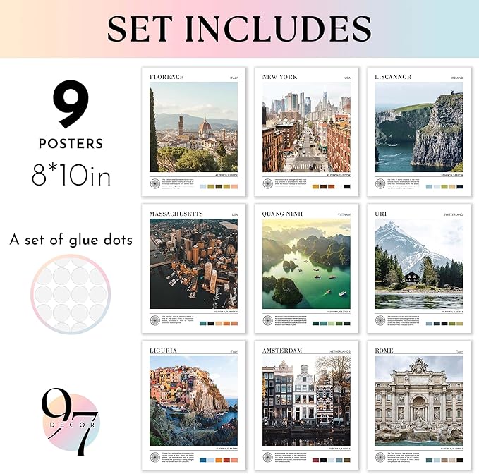 97 Decor Vintage Travel Wall Decor - Around World Travel Wall Art, Trendy City Wall Art Prints, Retro New York Europe Aesthetic Destination Pictures (8x10 Unframed)-Ruum Studio Home