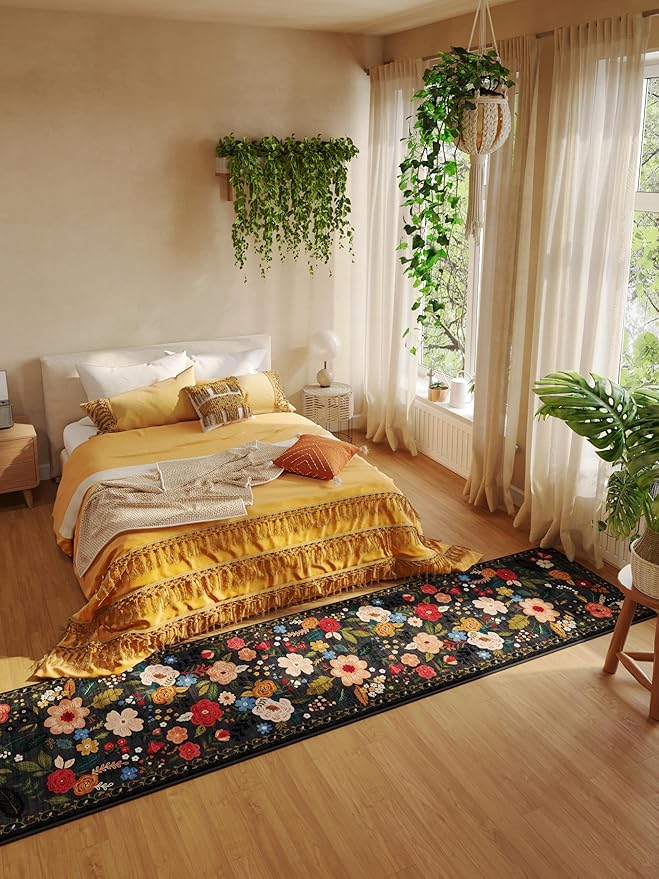 Runners for Hallways Kitchen Rug Non Slip 2'x 10' Long Washable Runner Rugs with Rubber Backing Soft Floral Carpet Runner for Hallways, Kitchen, Laundry, Bedroom, Bathroom(Black)-Ruum Studio Home