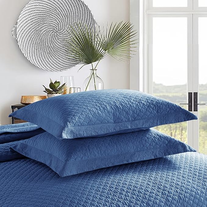 MarCielo 3-Piece 100% Cotton Oversized Bedspread Lightweight Quilt Coverlet Embroidery Farmhouse Bedding Set (TM Midtone Blue, Oversized King (118"x106"))-Ruum Studio Home