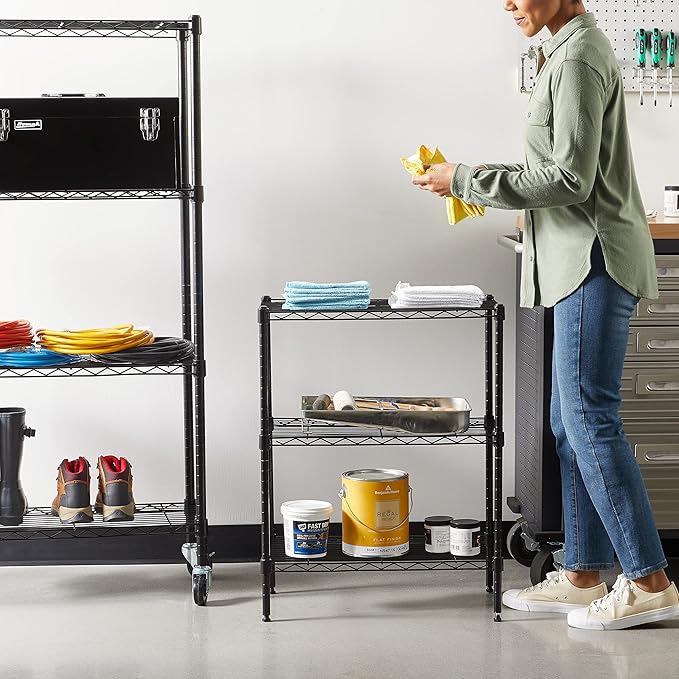Amazon Basics 3-Shelf Adjustable Heavy Duty Steel Wire Rack Storage Shelving Organizer for Kitchen, Garage, 23.2" L x 13.4" W x 30" H, Black-Ruum Studio Home