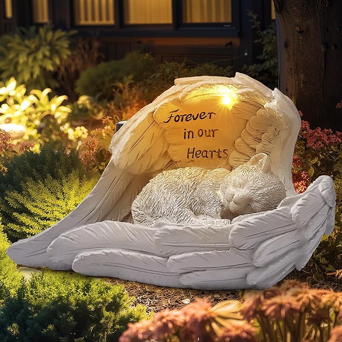 Pet Cat Solar Garden Memorial Statue – Outdoor Resin Angel Kitty with Solar Light, Guardian Angel Kitten Memorial Gift for Patio, Lawn, Yard, or Garden Decor-Ruum Studio Home
