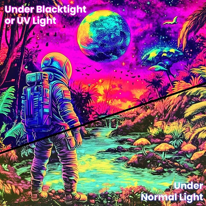 BVBOX Astronaut Space Blacklight Tapestry 79"x59", UV Reactive Astronaut Tropical Rainforest Universe Galaxy Planet Glow in Dark Tapestries, Black Light Neon Upright Poster Wall Hanging Backdrop Decor for Bedroom Living Room-Ruum Studio Home