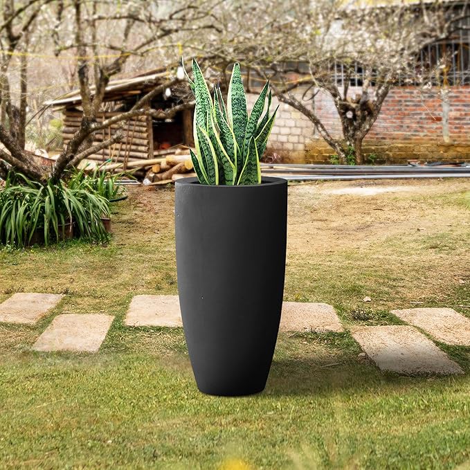 Kante 23.6" H Black Finish Concrete Tall Planters Large Outdoor Indoor Decorative Plant Pots with Drainage Hole and Rubber Plug, Modern Tapered Style for Home and Garden-Ruum Studio Home
