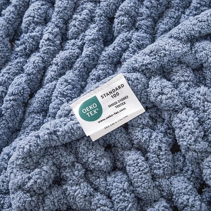 WESHIONGOO Chunky Knit Blanket Throw 40"×40" Knitted Throw Blankets for Couch Bed Fluffy Soft Blanket with Jumbo Chenille Yarn Thick 100% Handmade (Dusty Blue)-Ruum Studio Home