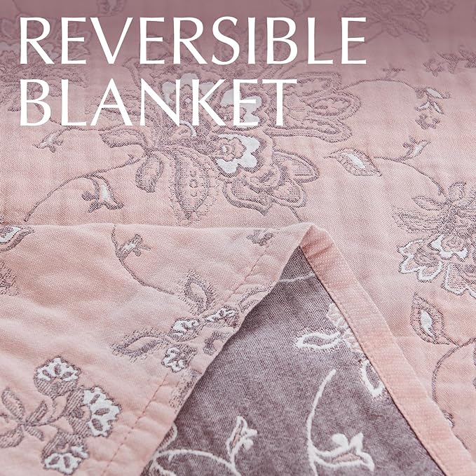 jinchan Boho 100% Cotton Muslin Twin Size 50x60 Inches Blanket Lightweight 4-Layer Quilted Soft Pink Red Floral Throw Blanket Reversible Comfy Flower Breathable All Seasons Couch Bedroom Decor-Ruum Studio Home