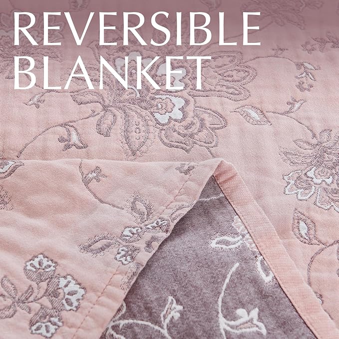 jinchan Boho 100% Cotton Muslin Queen Size 80x90 Inches Blanket Lightweight 4-Layer Quilted Soft Pink Multi Floral Throw Blanket Reversible Comfy Flower Rustic All Seasons Couch Bedroom Decor-Ruum Studio Home